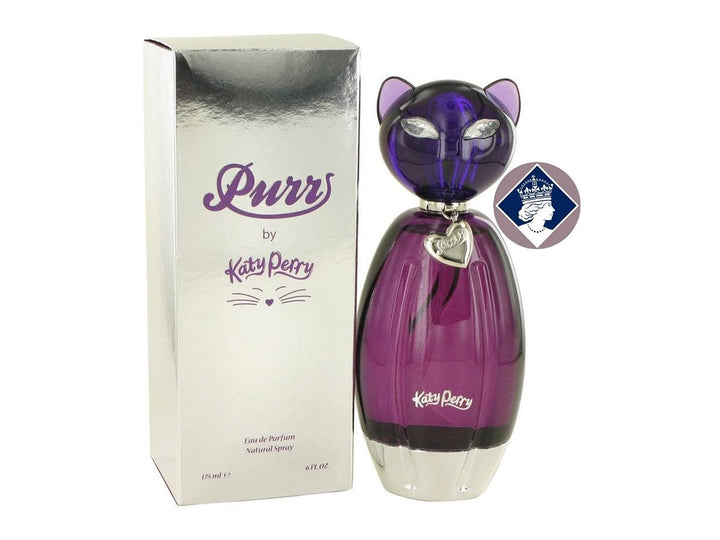 Perfume Katy Perry Purr con botella morada en forma de gato y caja plateada.