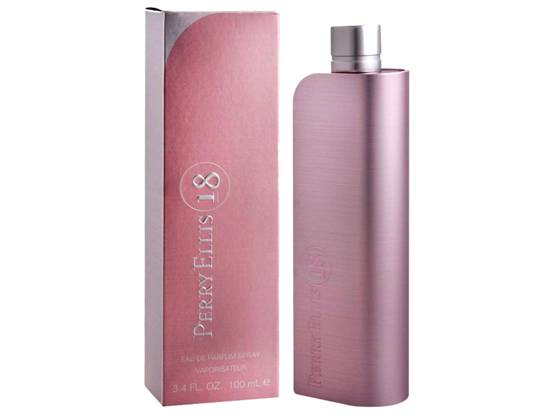 Frasco y caja de perfume Perry Ellis 18 Woman en color rosa metalizado mate con tapa plateada.