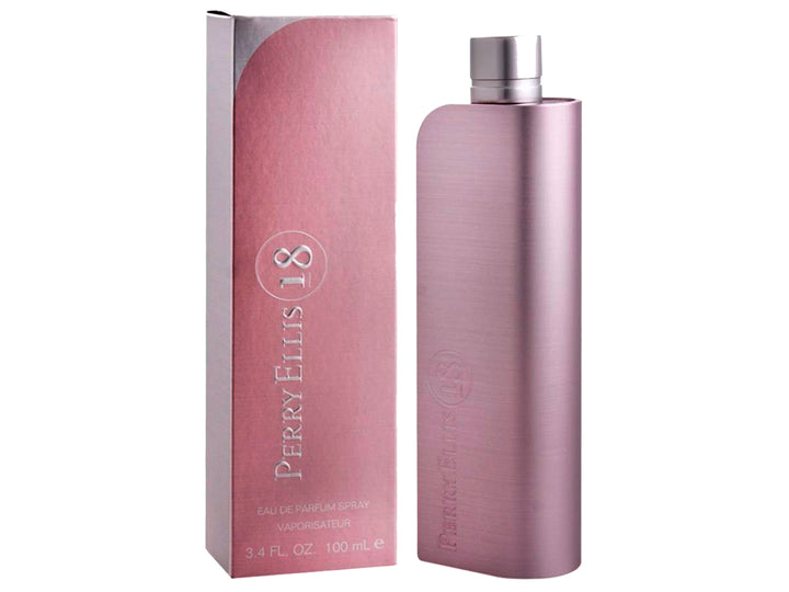 Frasco y caja de perfume Perry Ellis 18 Woman en color rosa metalizado mate con tapa plateada.