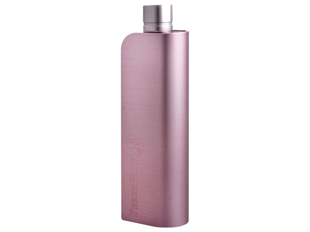 Frasco y caja de perfume Perry Ellis 18 Woman en color rosa metalizado mate con tapa plateada.
