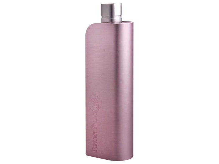 Frasco y caja de perfume Perry Ellis 18 Woman en color rosa metalizado mate con tapa plateada.