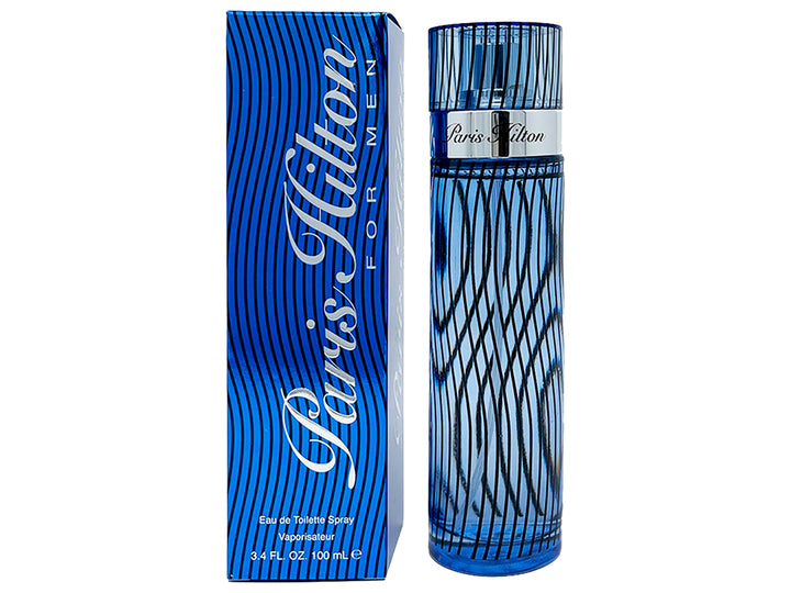 Perfume Paris Hilton for Men en botella de vidrio azul con líneas negras y su caja coordinada.