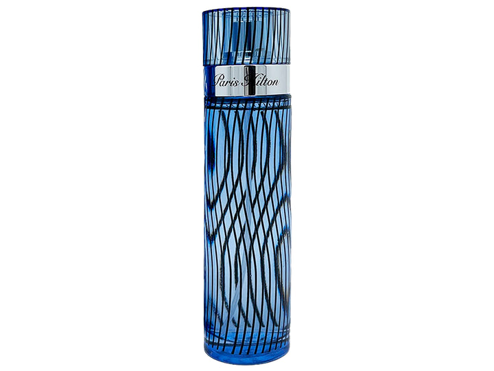 Perfume Paris Hilton for Men en botella de vidrio azul con líneas negras y su caja coordinada.