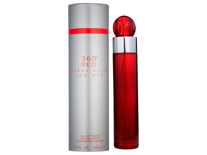Perfume Perry Ellis 360 Red para Hombre, botella roja con tapa esférica y empaque cilíndrico plateado.