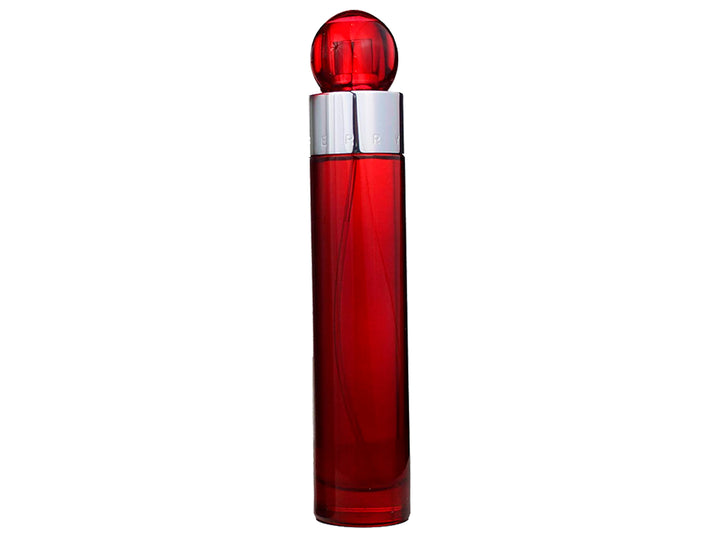 Perfume Perry Ellis 360 Red para Hombre, botella roja con tapa esférica y empaque cilíndrico plateado.