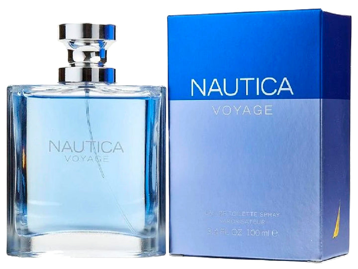 Botella de perfume Nautica Voyage color azul junto a su caja rectangular azul.