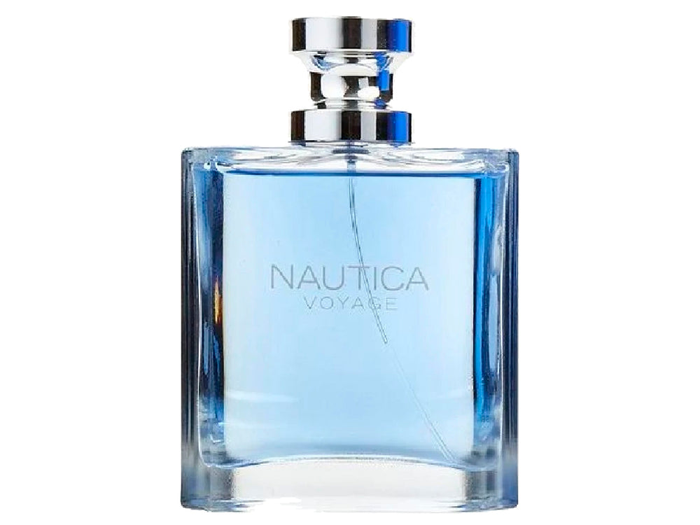 Botella de perfume Nautica Voyage color azul junto a su caja rectangular azul.