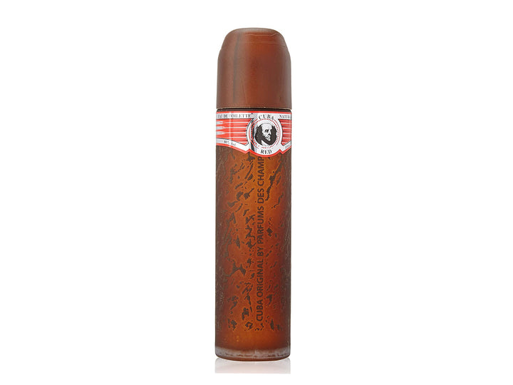 Frasco cilíndrico de perfume Cuba Red color marrón con etiqueta blanca y roja.