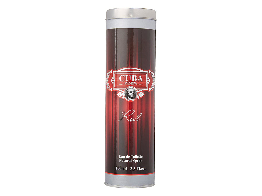 Frasco cilíndrico de perfume Cuba Red color marrón con etiqueta blanca y roja.