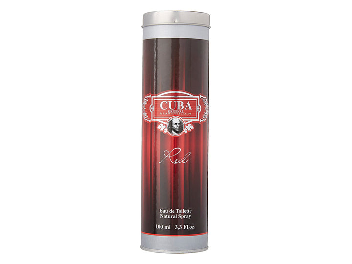 Frasco cilíndrico de perfume Cuba Red color marrón con etiqueta blanca y roja.