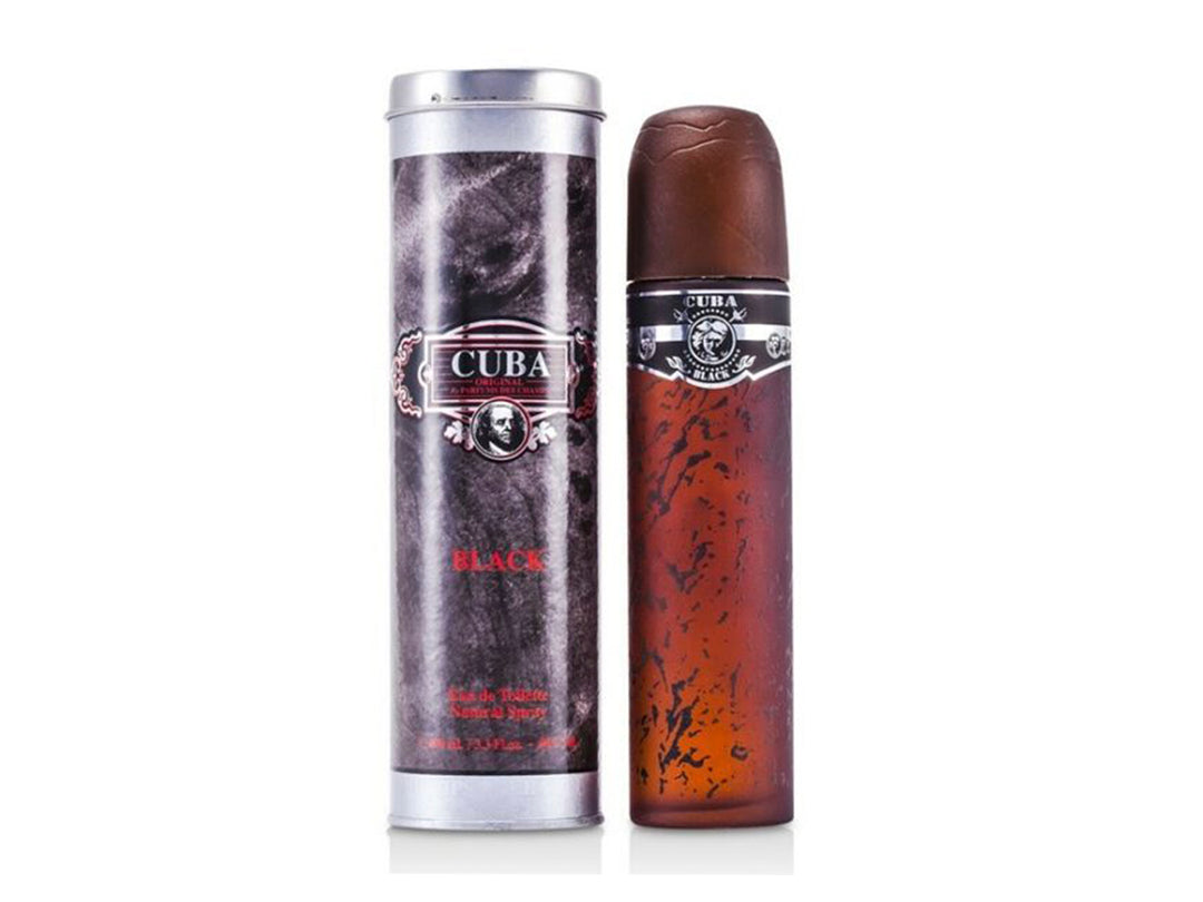Perfume Cuba Black para hombre con botella marrón y estuche cilíndrico negro con efecto mármol.