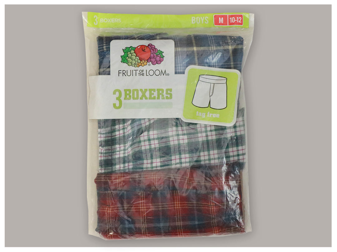 Paquete de 3 calzoncillos bóxer para niño de la marca Fruit of the Loom con diseños de cuadros multicolor.