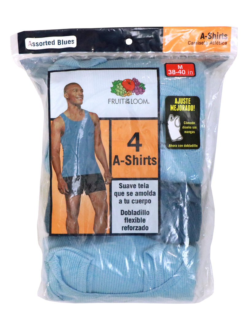 Paquete de 4 camisetas atléticas Fruit of the Loom en tonos azules para hombre.