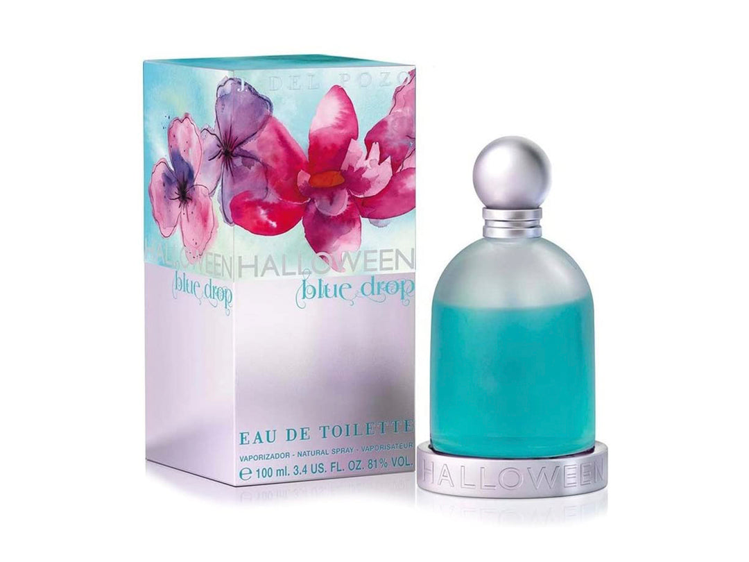 Perfume J. Del Pozo Halloween Blue Drop en botella azul mate y caja con diseño floral rosa.