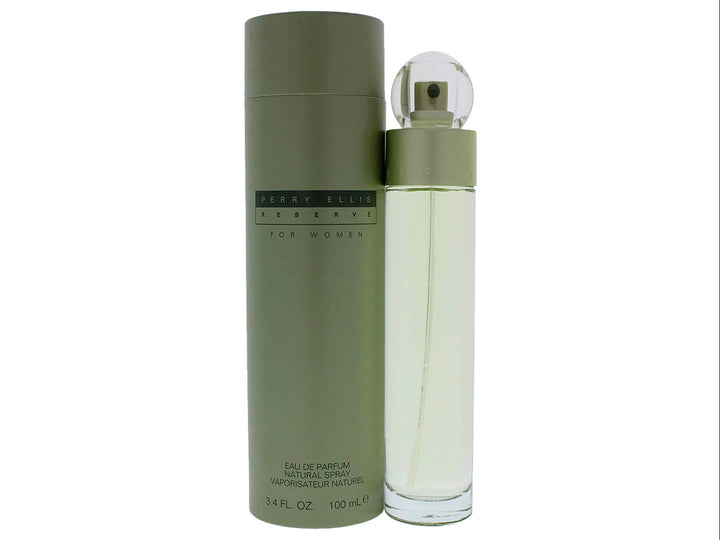Perfume Perry Ellis Reserve for Women en botella cilíndrica transparente con estuche protector color verde oliva mate.