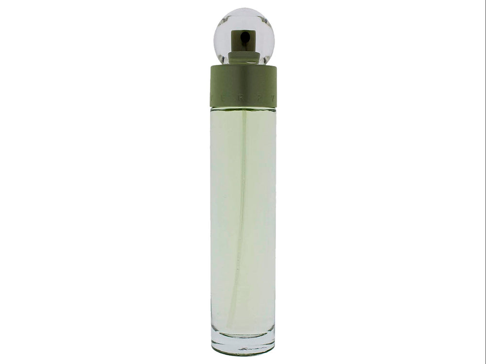 Perfume Perry Ellis Reserve for Women en botella cilíndrica transparente con estuche protector color verde oliva mate.