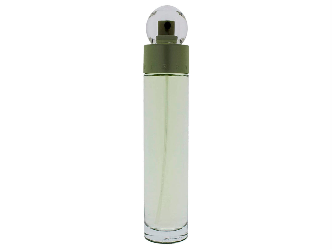 Perfume Perry Ellis Reserve for Women en botella cilíndrica transparente con estuche protector color verde oliva mate.
