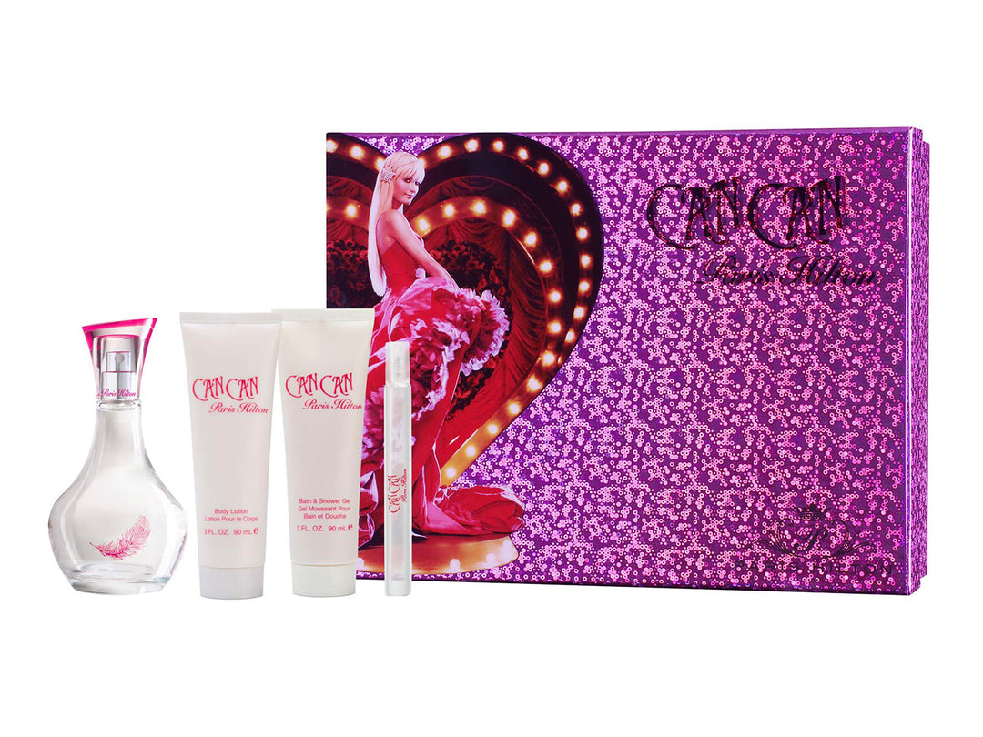 Set de fragancia Paris Hilton Can Can que incluye perfume, lociones y estuche morado brillante.
