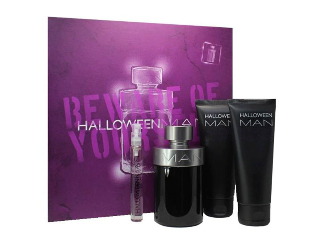 Set de fragancia J. Del Pozo Halloween Beware of Yourself para hombre con botella, spray y dos tubos sobre fondo morado.