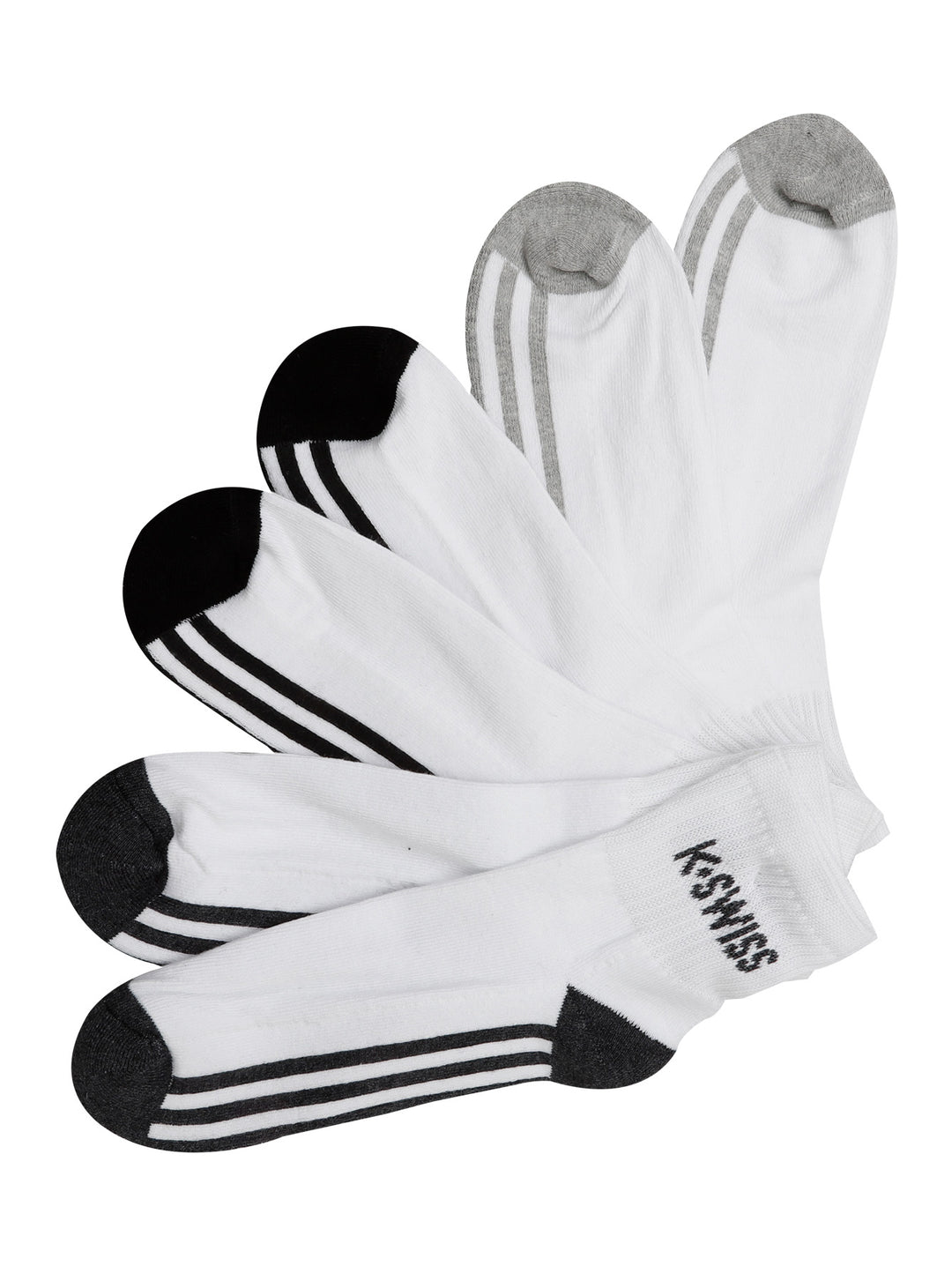 Set de calcetines deportivos blancos K-Swiss con detalles en negro y gris.