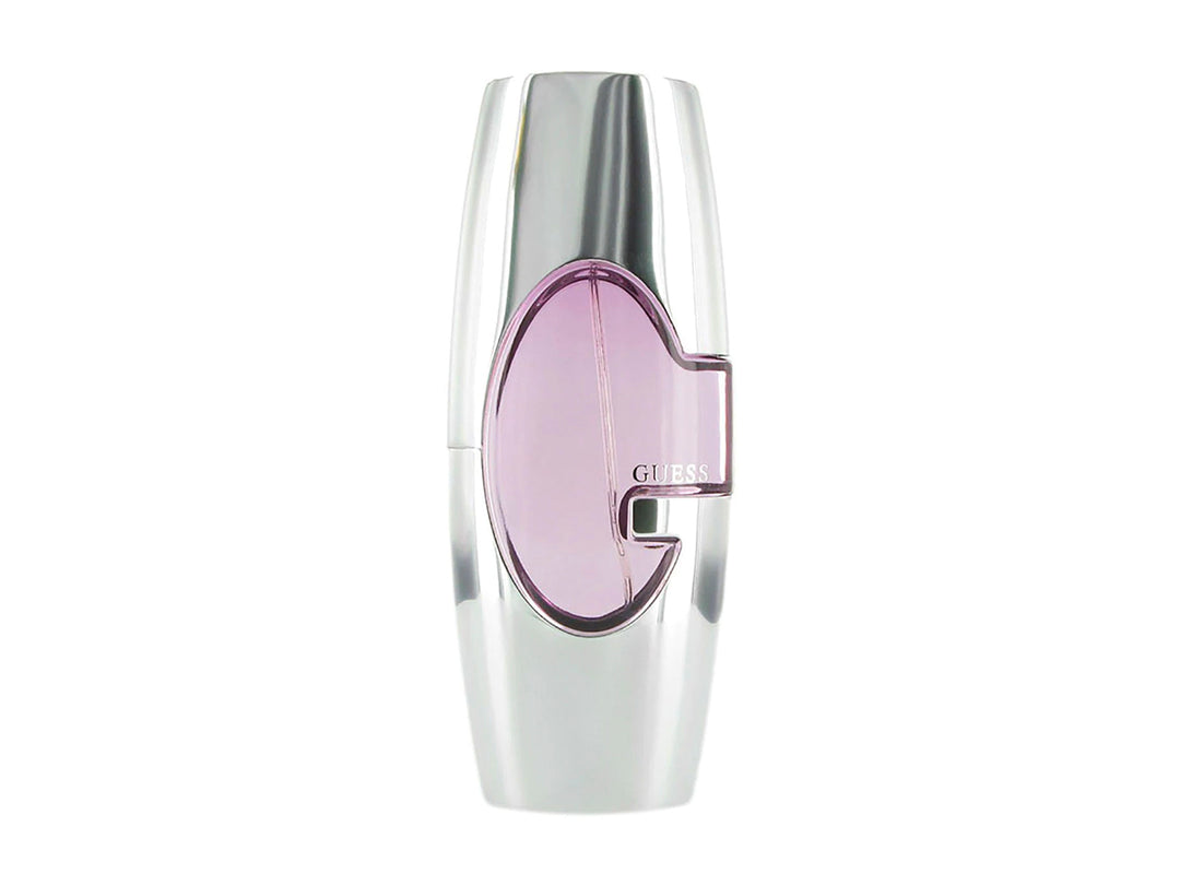 Frasco de agua de tocador GUESS en color plata con detalle central morado y forma cilíndrica.