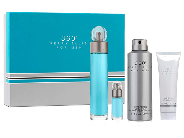 Set de regalo Perry Ellis 360 para Hombre con cuatro piezas en tonos azul y plata.