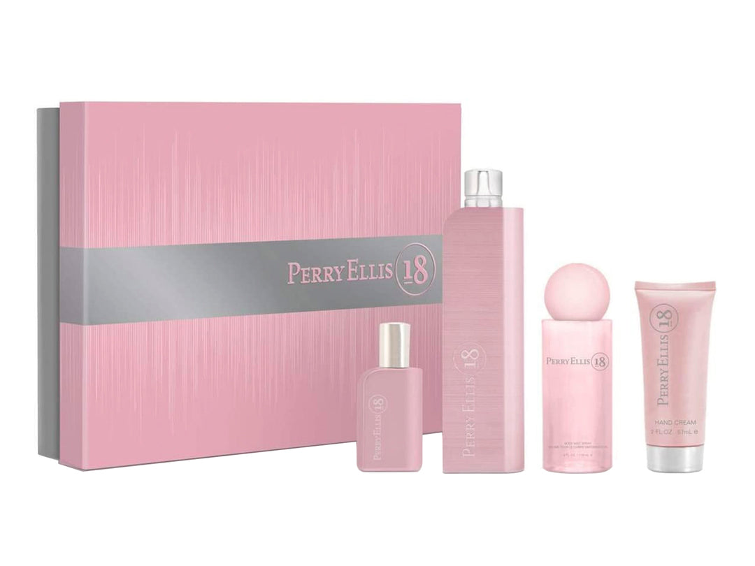 Set de fragancias Perry Ellis 18 para mujer en color rosa, incluye cuatro piezas y caja de regalo.