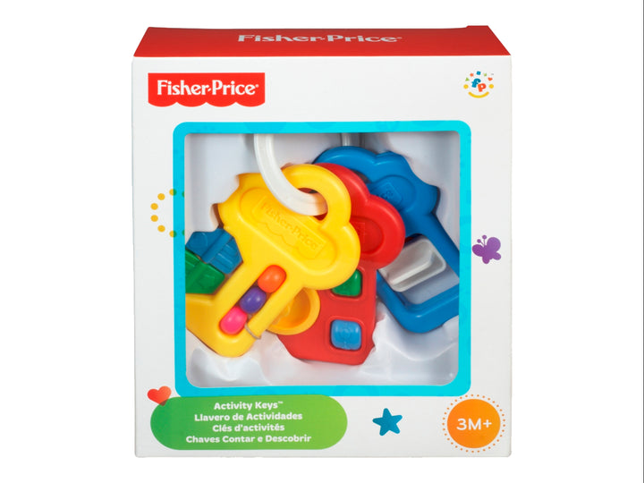 Set de llaves de actividades Fisher-Price en colores amarillo, azul y rojo para bebés.