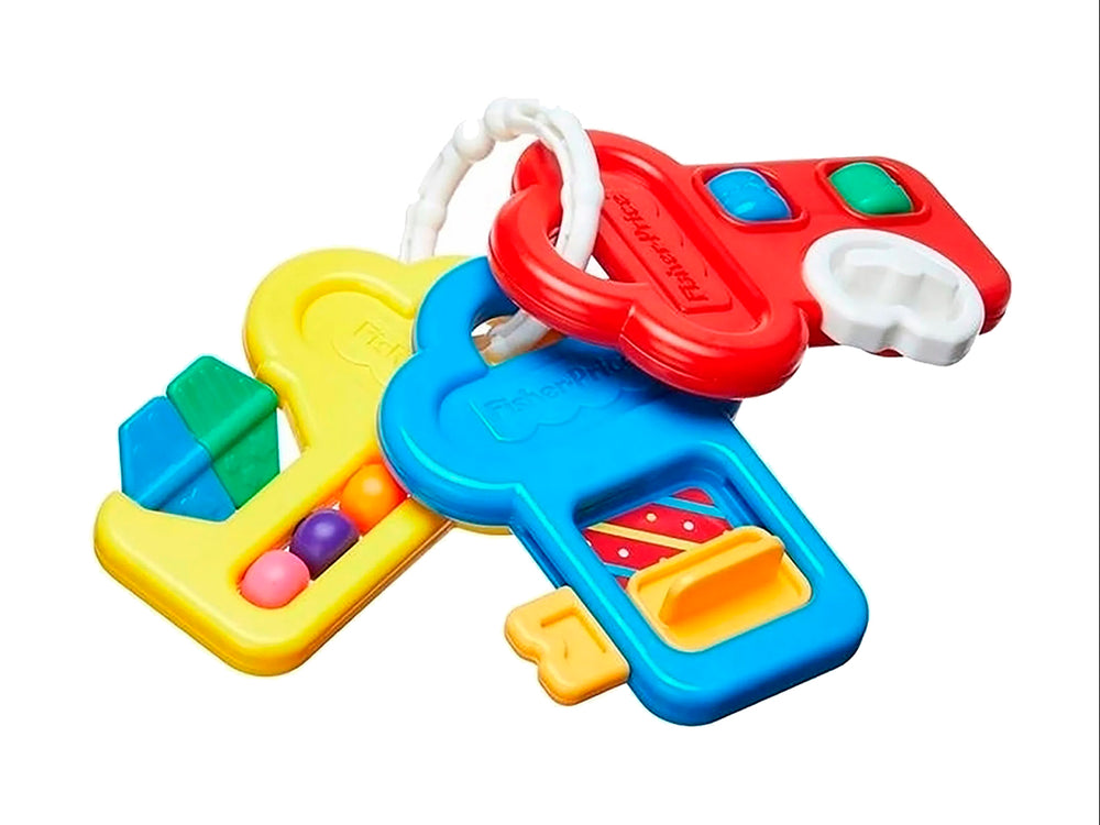 Set de llaves de actividades Fisher-Price en colores amarillo, azul y rojo para bebés.