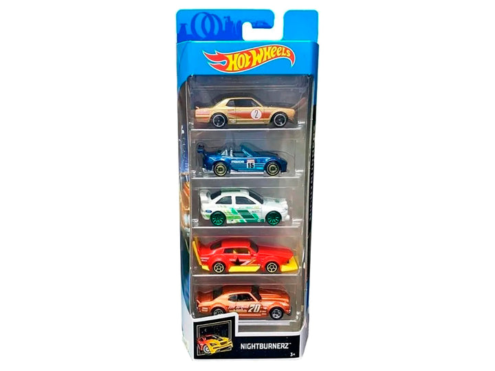 Set de 5 autos de juguete Hot Wheels Nightburners en empaque original azul.