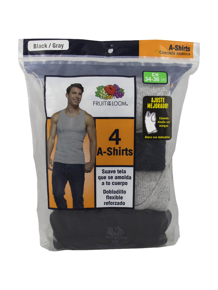Paquete de 4 camisetas atléticas Fruit of the Loom en colores negro y gris para hombre.