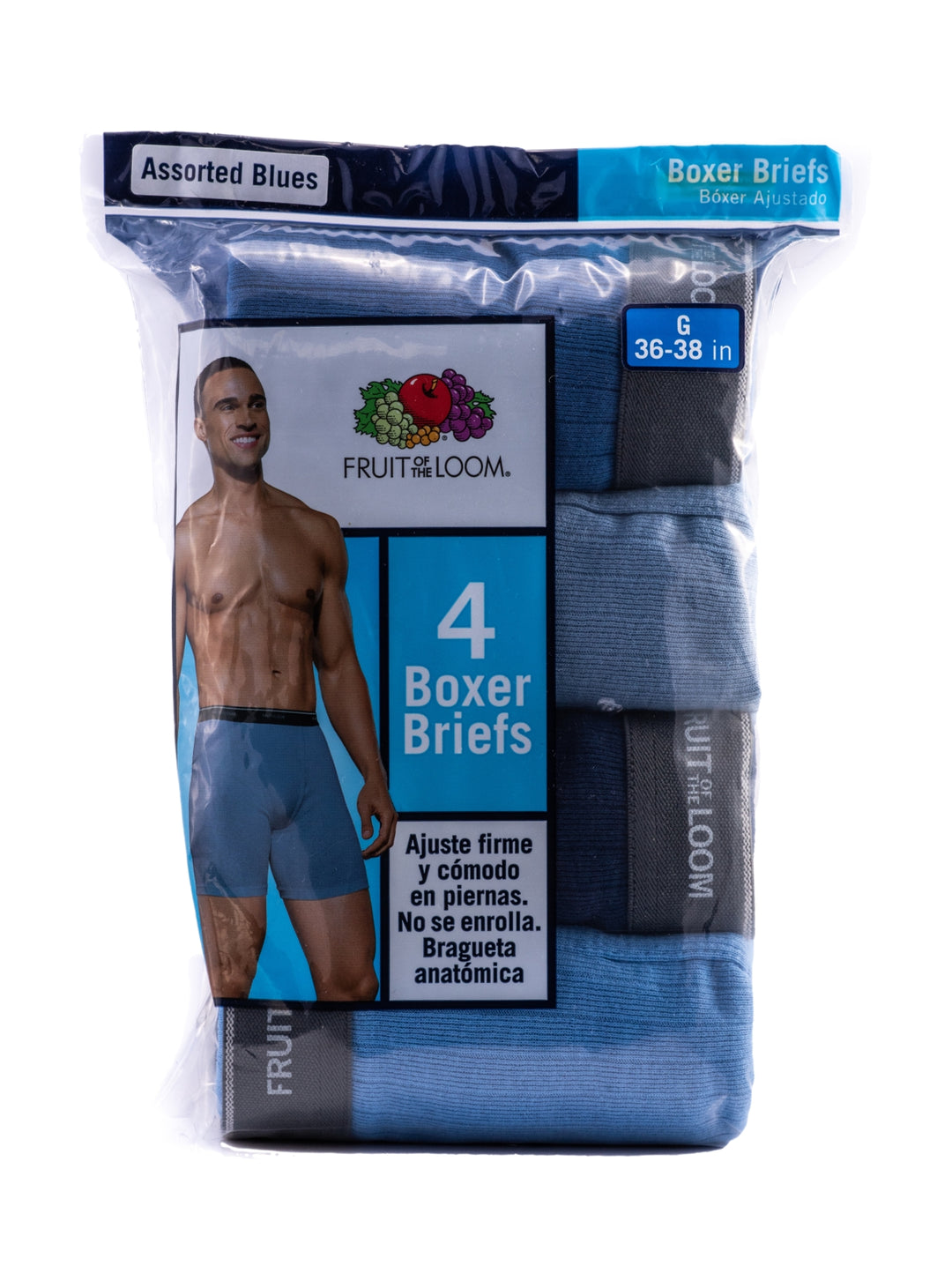 Paquete de 4 bóxers ajustados Fruit of the Loom en diversos tonos de azul.