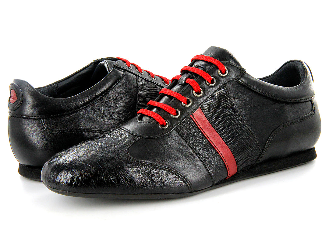 Zapatos Cuadra Negro y Rojo en Piel de Avestruz y Lizard