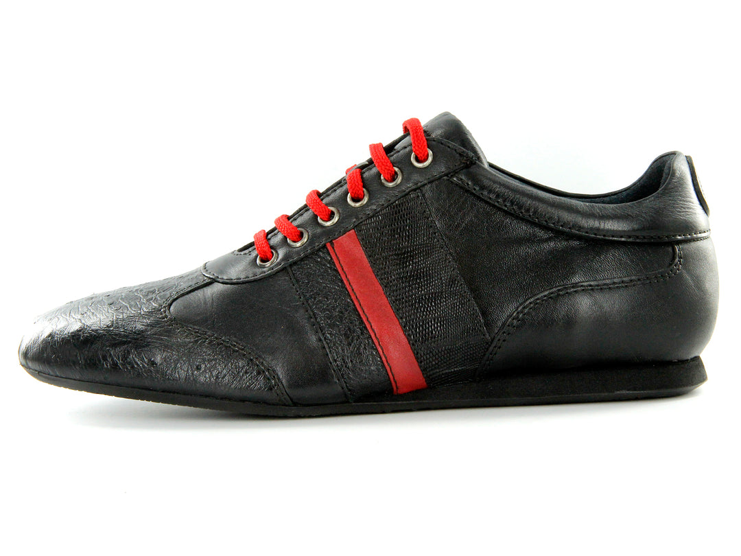 Zapatos Cuadra Negro y Rojo en Piel de Avestruz y Lizard
