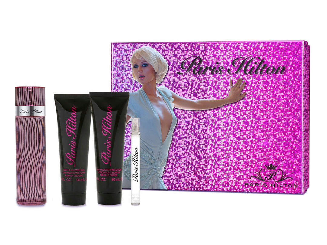 Set de fragancias Paris Hilton para mujer con caja morada brillante y cuatro productos complementarios.