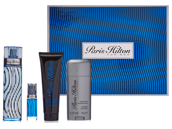 Set de fragancia Paris Hilton para hombre que incluye perfume, gel de baño y desodorante en color azul y negro.