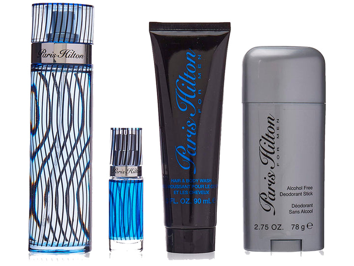 Set de fragancia Paris Hilton para hombre que incluye perfume, gel de baño y desodorante en color azul y negro.