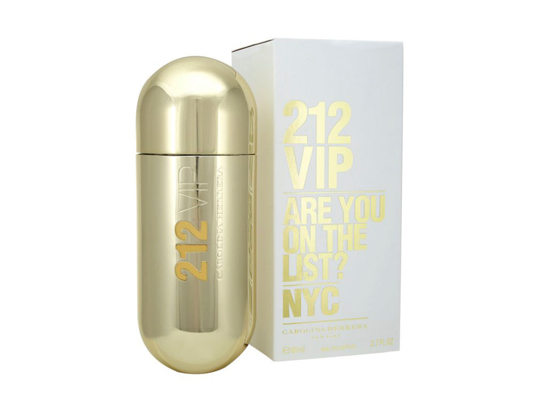 Perfume Carolina Herrera 212 VIP con botella dorada brillante y caja blanca.
