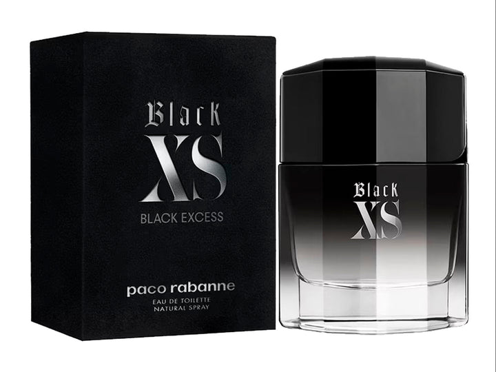 Perfume Paco Rabanne Black XS para hombre con botella de vidrio negro degradado y caja negra.