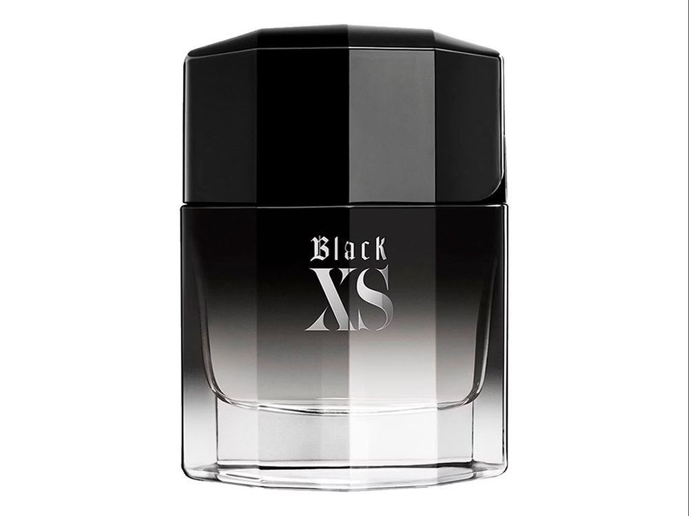 Perfume Paco Rabanne Black XS para hombre con botella de vidrio negro degradado y caja negra.