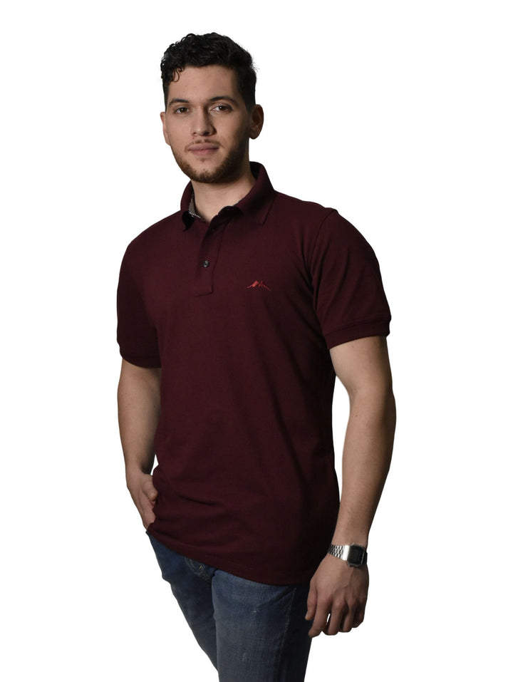 Hombre vistiendo una playera polo color tinto de manga corta marca White Peak.