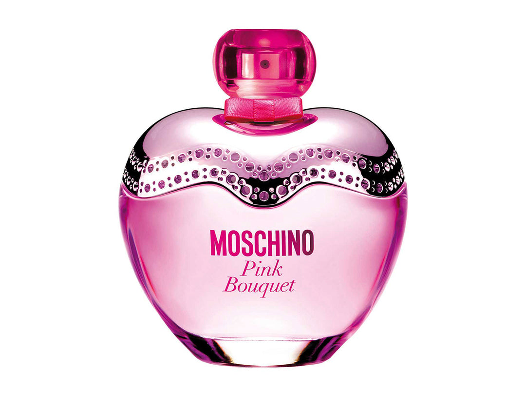 Frasco de perfume Moschino Pink Bouquet en forma de corazón color rosa con detalles decorativos en plata.