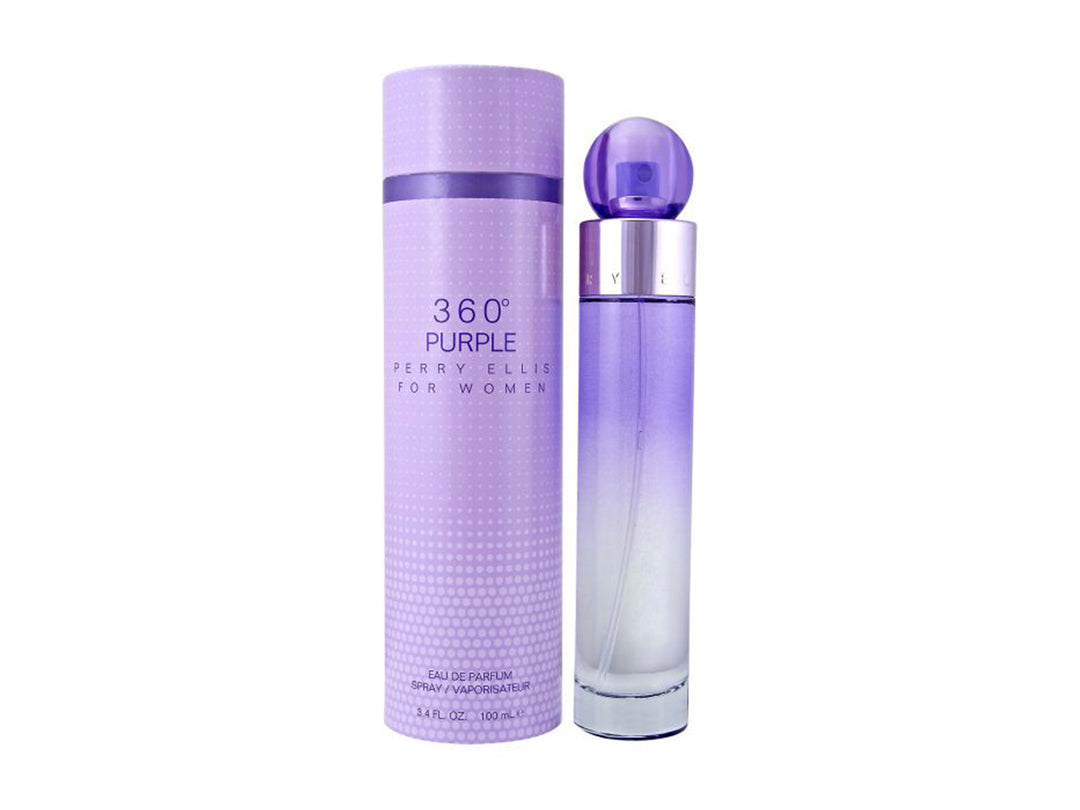 Perfume Perry Ellis 360 Purple para mujer, botella de vidrio y caja cilíndrica en color morado.