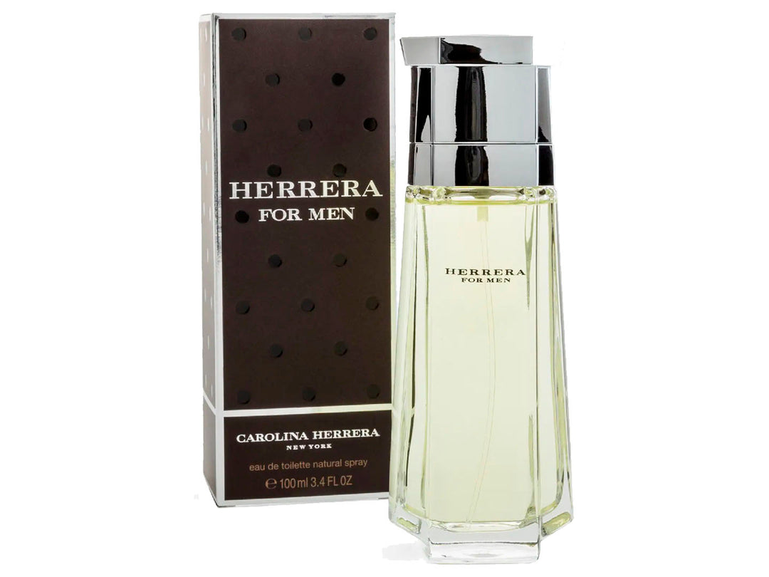 Perfume Carolina Herrera for Men con botella de vidrio transparente y caja marrón con detalles en plata.