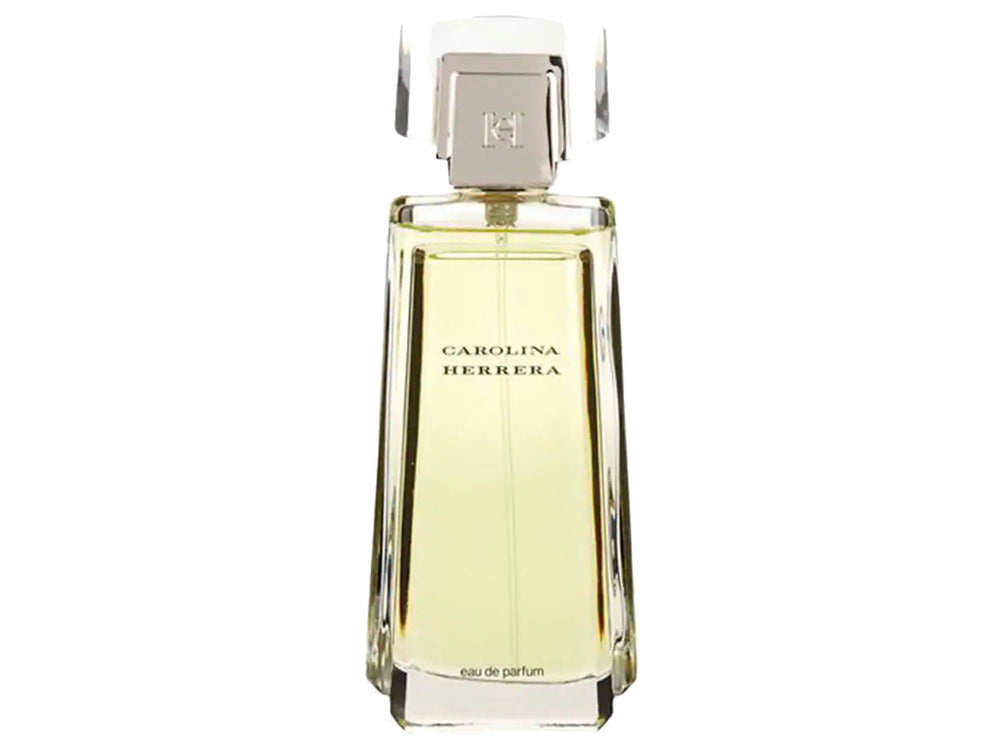 Perfume Carolina Herrera for Men con botella de vidrio transparente y caja marrón con detalles en plata.