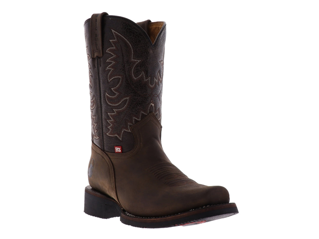 Bota vaquera Israel Boots modelo Rodeo en color café oscuro con bordados decorativos y punta cuadrada.