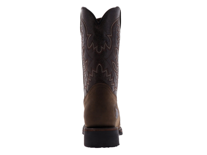 Bota vaquera Israel Boots modelo Rodeo en color café oscuro con bordados decorativos y punta cuadrada.