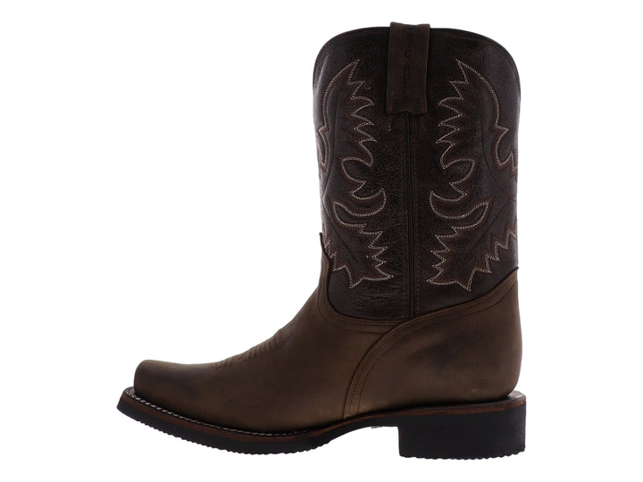 Bota vaquera Israel Boots modelo Rodeo en color café oscuro con bordados decorativos y punta cuadrada.