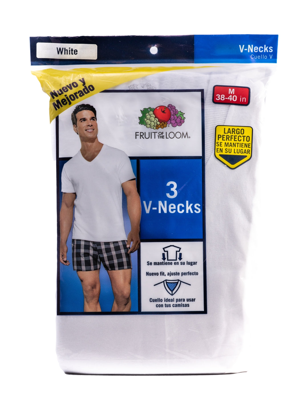 Paquete de 3 camisetas interiores blancas de cuello V marca Fruit of the Loom para hombre.