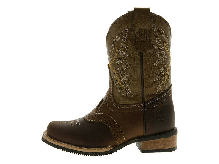 Botas vaqueras para niño en tonos marrón y arena con detalles bordados en el tallo.